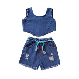 Clothing Sets Kids Infant Baby Girls Summer Outfit Zipper Jeans Tank Tops and Elastic Ripped Denim Shorts 2-Piece Clothing Set