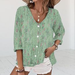 Women's Blouses Soft Women Top Flower Print V Neck T-shirt Casual Colorfast Spring-fall Blouse With Long Sleeves Buttons Breathable