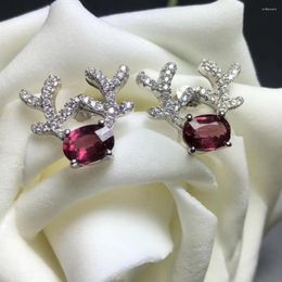 Stud Earrings Fashion Natural Red Garnet Elegant Small Lovely Deer Gemstone 925 Silver Girl Jewellery