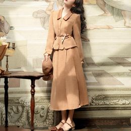 Two Piece Dress Autumn Winter Small Fragrance Vintage Set Women Lapel Jacket Belt Coat A-Line Skirts Sets Fashion 2 Suits