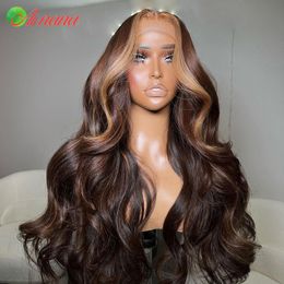Brazilian Brown with Blonde Human Hair Wigs Highlight Lace Front Wig Body Wave Baby Hair Transparent Lace Closure Wigs for Black Women