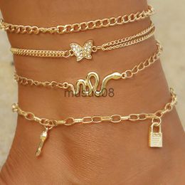 Anklets Bohemia Gold Colour Snake Ankle Brelet Set For Women Butterfly Key Lock Charm Anklet Chain On Leg Boho Jewellery Gift J230815