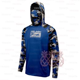 Outdoor T-Shirts Pelagic Fishing Shirts With Mask Men UV Protection Camouflage Fishing Hoodie Clothing Long Sleeve Breathable Fishing Jersey Tops 230814