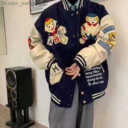 Men's Jackets American retro wool embroidered bear baseball uniform suitable for men and women Korean loose fitting casual jacket Y2K Z230816