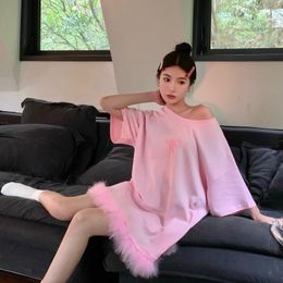 Women's T Shirts 2023 Spring Summer Sweet Pink Short Sleeve T-shirt Top Women Heavy Loose Mid-Length Shirt