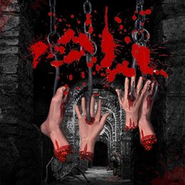 Novelty Items 2PCSSet Iron Chain Hook Realistic Hands Feet Horror Bloody Pendant Haunted House Bar Scene Layout Props Halloween Decoration J230815