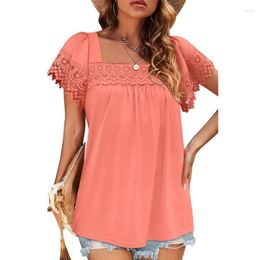 Women's T Shirts Womens Crochet Lace Trim Short Sleeve Square Neck Blouses Solid Colour Pleated Casual Loose Fit Summer T-Shirts Tunic Top