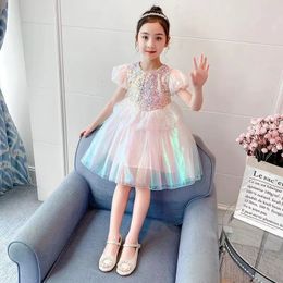 Girl's Dresses Sequin Princess Dress Summer Girls Puff Sleeve Tutu Dress Children Fashion Birthday Party Gown Kids Mesh Cake Dress 2-8 Year 230815