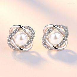 Stud Earrings Fashion Kpop 925 Sterling Silver Pretty Pearl Crystal For Women Party Wedding Street Versatile Jewellery Couple Gift