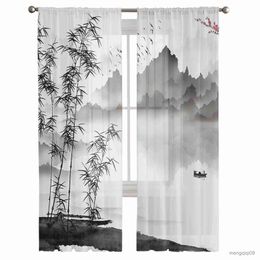 Curtain Chinese Ink Landscape Painting Bamboo Voile Tulle Sheer Curtains for Bedroom Living Room Kitchen Decor Chiffon Windows Curtain R230815