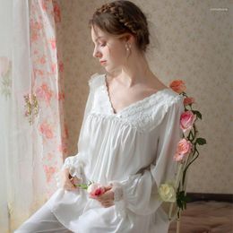 Women's Sleepwear Summer Autumn Vintage Cotton Pajamas Solid Color Sexy Lace V-neck Long Sleeve Tops Bottoms Pants Homewear Sets