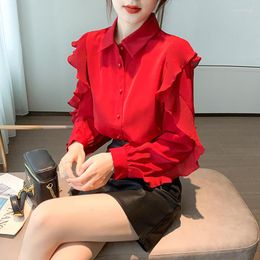 Women's Blouses Women Red Ruffle Elegant Chic Sweet Fashion Button Up Shirt Casual Turn Down Collar Long Sleeve Blouse Top Blusas Mujer