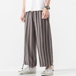 Men's Pants Japanese Loose Jogger Streetwear Linen Harajuku Style Sweatpants Striped Pocket Wide Leg 5XL