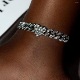 Anklets Punk Crystal Love Heart Clasp Cuban Link Anklet For Women Iced Out Rhinestones Miami Ankle Chain Beach Sandals Jewelry