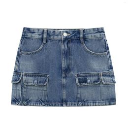 Skirts Women 2023 Chic Fashion Summer Vintage Sexy Blue Short Pocket Decorate Worker Instal Jean Mini Skirt Female
