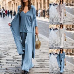 Women's Two Piece Pants Autumn Casual 3pcs Women Outfits Loose Fall Long-Sleeves Long Cardigan Coat V Neck Camisole And Wide Leg Plus Size