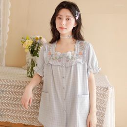 Women's Sleepwear Embroidery Sweet Cotton Pajama Sets For Lady Short Sleeve Long Pants Loose Nightwear Spring Summer Pyjamas