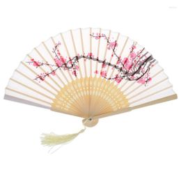Decorative Figurines Vintage Chinese Folding Hand Held Fan Japanese Plum Blossom Tassel Silk Bamboo F