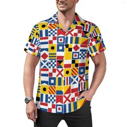 Men's Casual Shirts Funny Letter Print Blouses Men Nautical Signal Flags Hawaiian Short-Sleeve Custom Fashion Oversize Beach Shirt