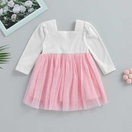 Girl's Dresses Sweet Kid Baby Girls Spring Autumn Clothing Princess Dress Long Sleeve Tulle Patchwork Dress with Flower Decor