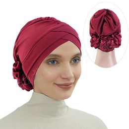 New Women Forehead Crossing Cap Vintage Flower Head Wraps Turban Wedding Party Headpiece Muslim Hijabs Headscarf Hat Indian Hat