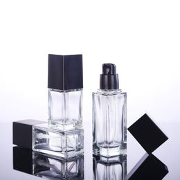 15 20 30 40ML Empty Clear Square Glass Emulsion Essence Bottle With Black Pump Head Cosmetic Containers For Lotion Cleanser Body Cream Unmpi