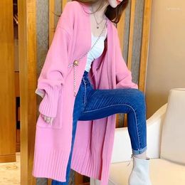 Women's Knits 2023 Women Autumn Winter Long Solid Colour Cardigan Female V-neck Knitted Coats Ladies Pockets Loose Sweater Jackets W422