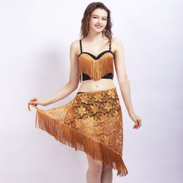 Belly Dance Costume Fringed Bra Top Water Soluble Lace Waist Scarf Hip Scarf Set Latin Dance Costume Indian Performance
