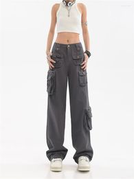 Women's Pants Korean Style Vintage Grey Cargo Wide Leg Baggy Women 90s Streetwear Pockets High Waist Trousers