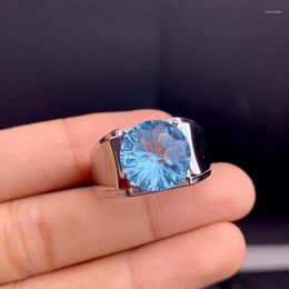 Cluster Rings Natural Topaz Ring Blue Men's Party Big Stone Fine Jewelry High Quality S925 Silver Backed Test