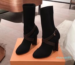 Socks boots autumn winter women shoes ribbon Knitted elastic sexy Letter fashion Thick heels woman High-heeled Large