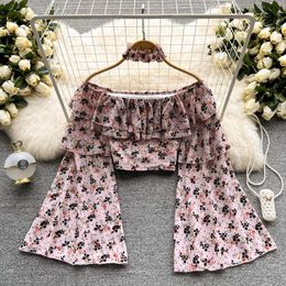 Women's Blouses Korean Version Spring Floral Top One-shoulder Trumpet-sleeved Short Chiffon Shirt Western Style Small