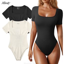 Women's Shapers Seamless Shaperwear Womens Bodysuits Sexy Ribbed Square Neck Short Sleeve Control Body Shapers Belly 230815