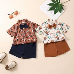 Clothing Sets Kids Boys Summer Clothes Outfits Cow Head Print Short Sleeve Turn-Down Collar Bowtie Shirts Tops Solid Color Shorts 2Pcs Suit