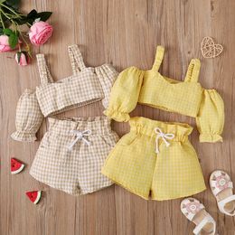 Clothing Sets 2pcs Fashion Baby Girls Clothes Sets 0-4Y Plaid Printed Puff Sleeve Shoulder Shirts+Shorts Clothing