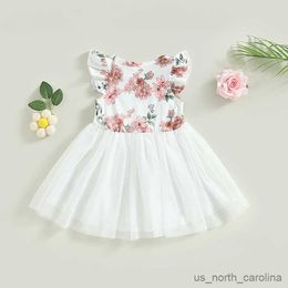 Girl's Dresses Baby Clothing Kids Girls Dress Fly Sleeve Crew Neck Flower Print Tulle Patchwork Summer A-line Dress Princess Dress R230815