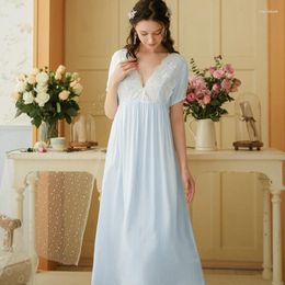 Women's Sleepwear Solid Colour Cotton Nightgown Lace Girl Homedress Lantern Short Sleeve Female Dresses Loose Deep V-Neck Pyjamas