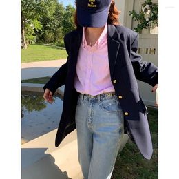 Women's Suits Autumn 2023 Navy Blue Blazers Women Retro Suit Mid-length Loose Coats Gold Buttons POLO Collar Back Slit Pockets Comfort