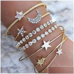 Cuff 4Pc/Set Womens Fashion Gold Bangle Open Bracelets Jewelry Moon Stars Bangles Simple Gifts Drop Delivery Dhljy