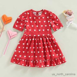 Girl's Dresses Kid Girl Birthday Valentines Day Dresses Short Sleeve Round Neck Ruffle Heart Print Casual High Waist Dress R230815