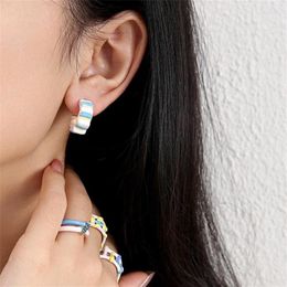Hoop Earrings Cute Striped Enamel For Women Girls C Shape Round Circle Y2k Jewellery Accessories Gift