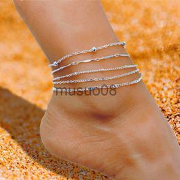 Anklets 5Pcs/Set Bohemian Silver Colour Anklet Brelet for Women Fashion Multi-layer Bead Chain Anklet Summer Beh Foot Jewellery Gifts J230815