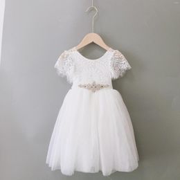 Girl Dresses Baby Girls Lace Bridesmaid Dress With Belt Flare Sleeve Hallow Out Eyelash Back Flower Vestido Costume 4years Summer Boutique
