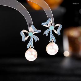 Dangle Earrings Korean Fashion Bowknot Pearl Cubic Zirconia Copper Gold-Plated Jewellery Designer Luxury Rosette Stud Earings