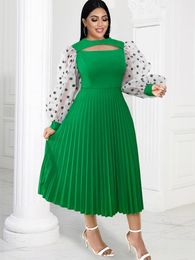 Plus Size Dresses Green A Line 4XL O Neck Long Dot Sleeve High Waist Pleated Midi Evening Cocktail Wedding Party Gowns Outfits