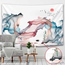 Tapestries Chinese Ink Wash Landscape Painting Tapestry Wall Hanging Sunrise Colorful Simple Studio Bedroom Background Decor R230815