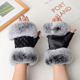 Five Fingers Gloves Fingerless Gloves Women Natural Rabbit Fur Glove Winter Fashion Warm Genuine Leather Fingerless Gloves Women Rabbit Fur Mittens 230815