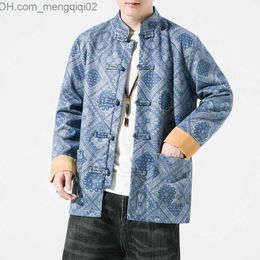 Men's Jackets Traditional Chinese men's printed antler velvet Tang suit Hanfu jacket denim blue top Z230816