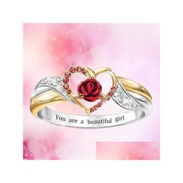 With Side Stones Fashion Sier Gold Two Tone Love Heart Ring You Are A Beautif Girl Red Rose Lover Valentines Day Jewelry Gifts Drop D Dhktn