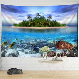 Tapestries Island Landscape Painting Tapestry Wall Hanging Turtle Fish Aesthetic Room Nature Art Mystery Home Decor